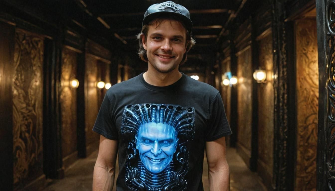 A close-up view of a smiling man donning a detailed glass t-shirt. and a glowing hat. H.R. Giger, J. G. Quintel