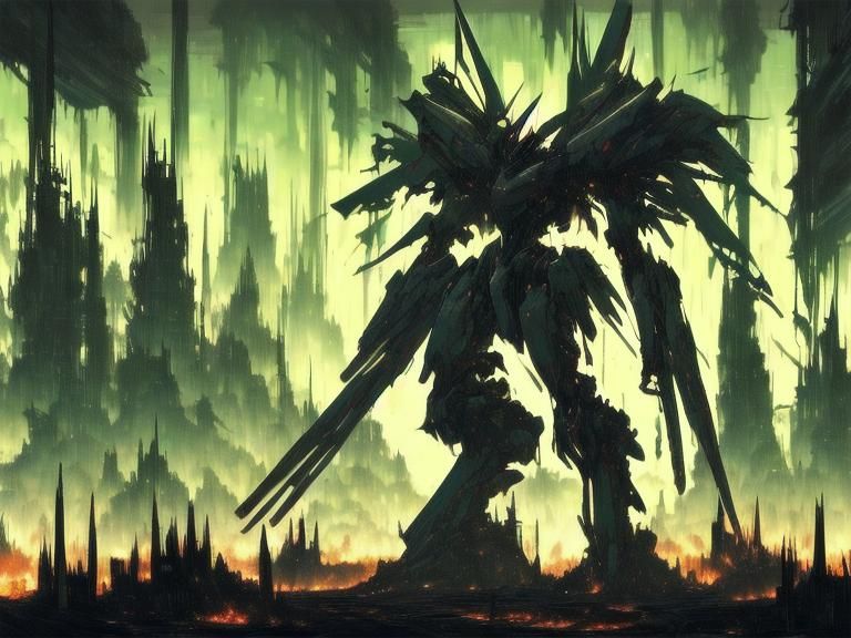 abstract fantasy, dystopian cityscape. A thin, lithe and agile mecha stands tall and triumphant in a ruined battlefield. Smoke and fire surr...