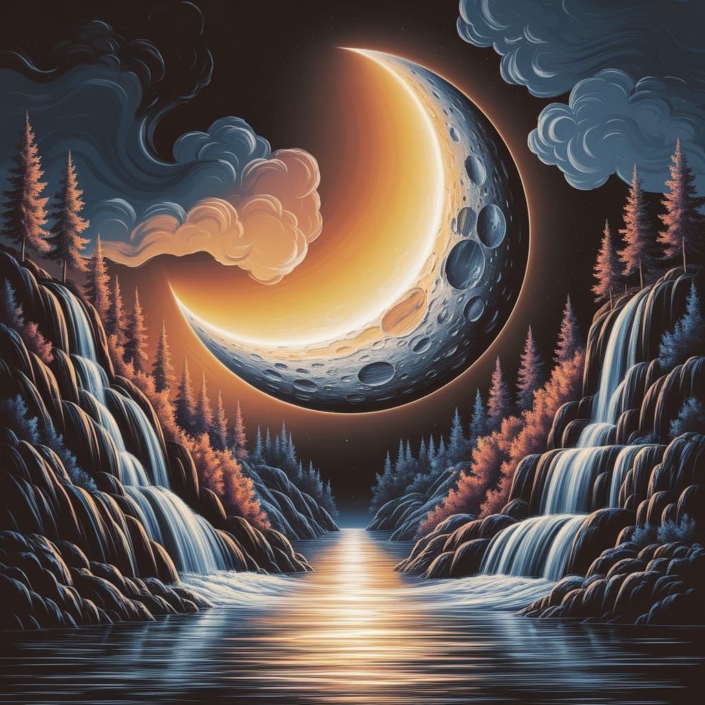 the moon in its first phase, one end of the moon is directed upward and glows with a bright fiery light, the other end is inclined towards t...