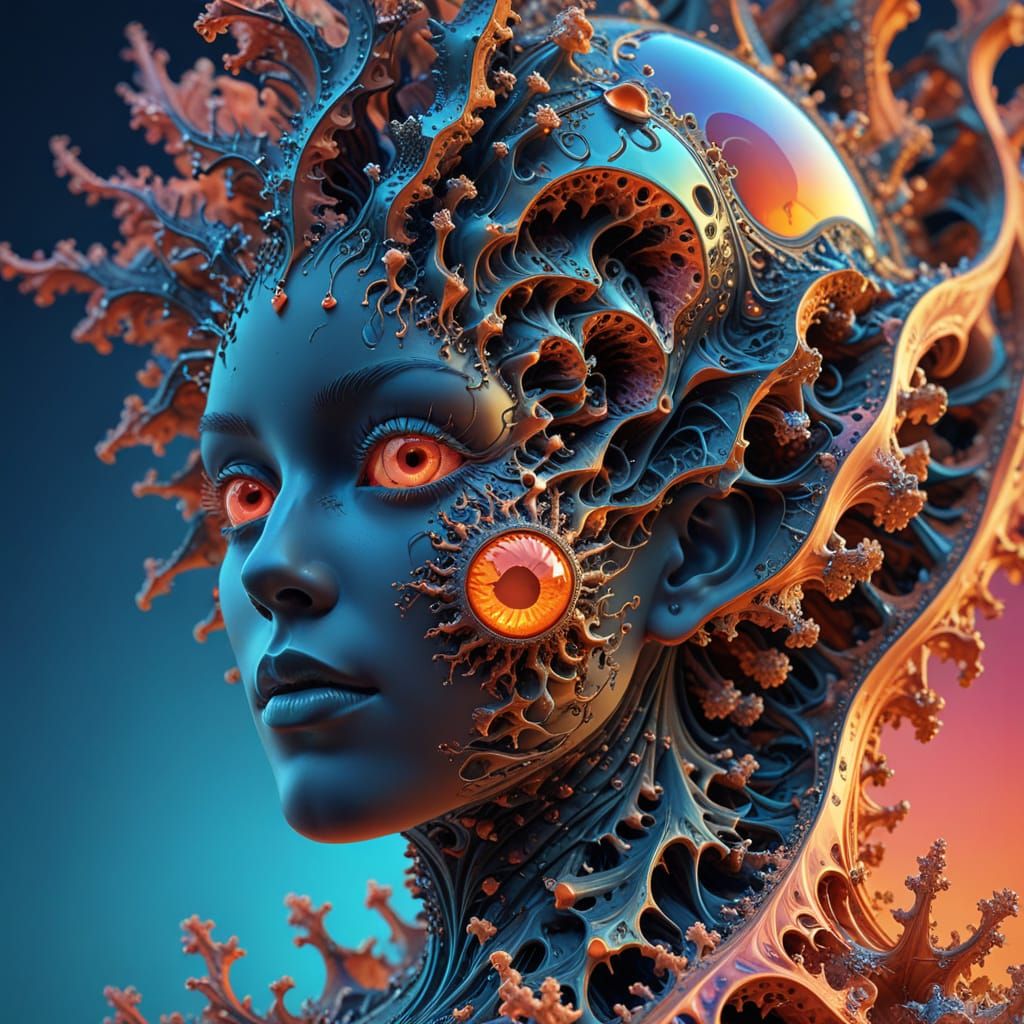 Create a highly detailed, symmetrical 3D fractal structure resembling a modified Mandelbulb, rendered as an abstract organic form resembling...