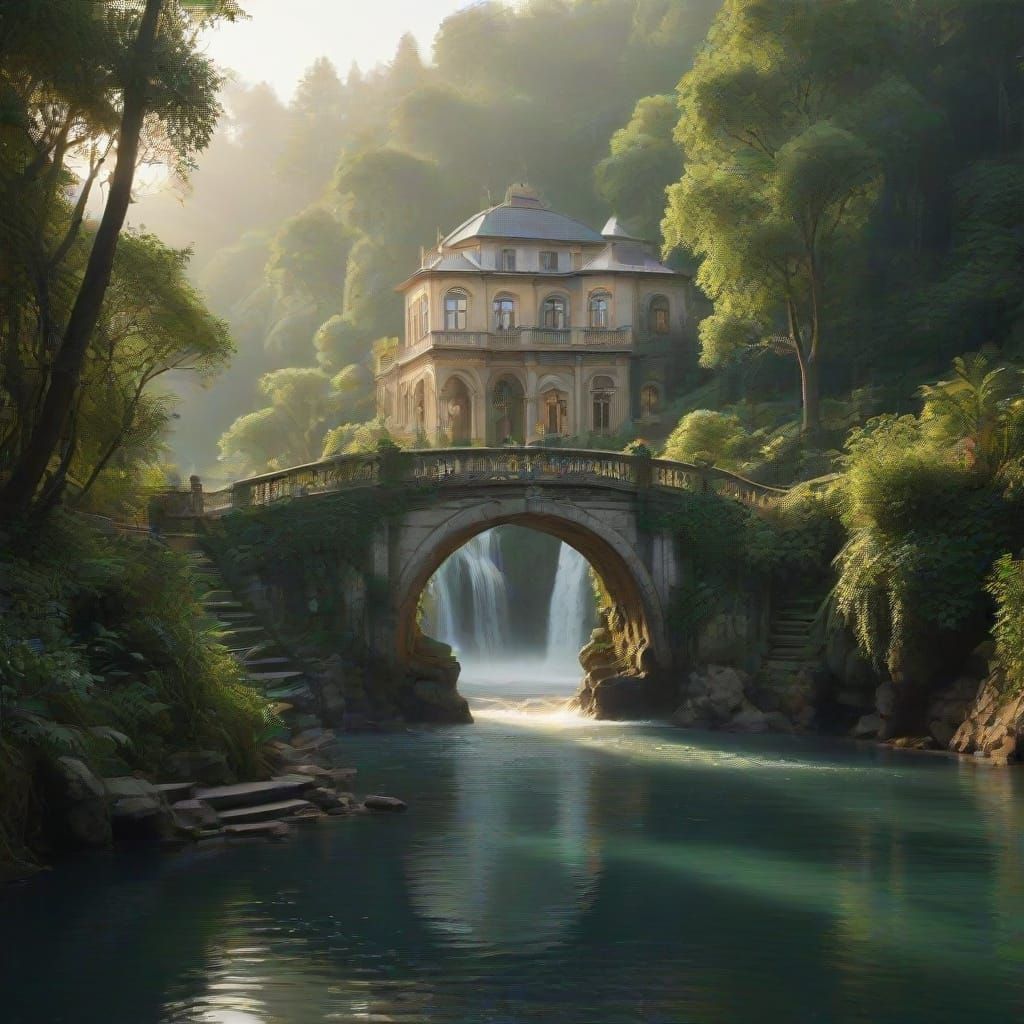 Grand Villa Above Majestic Arch Bridge and Infinite Waterfal...