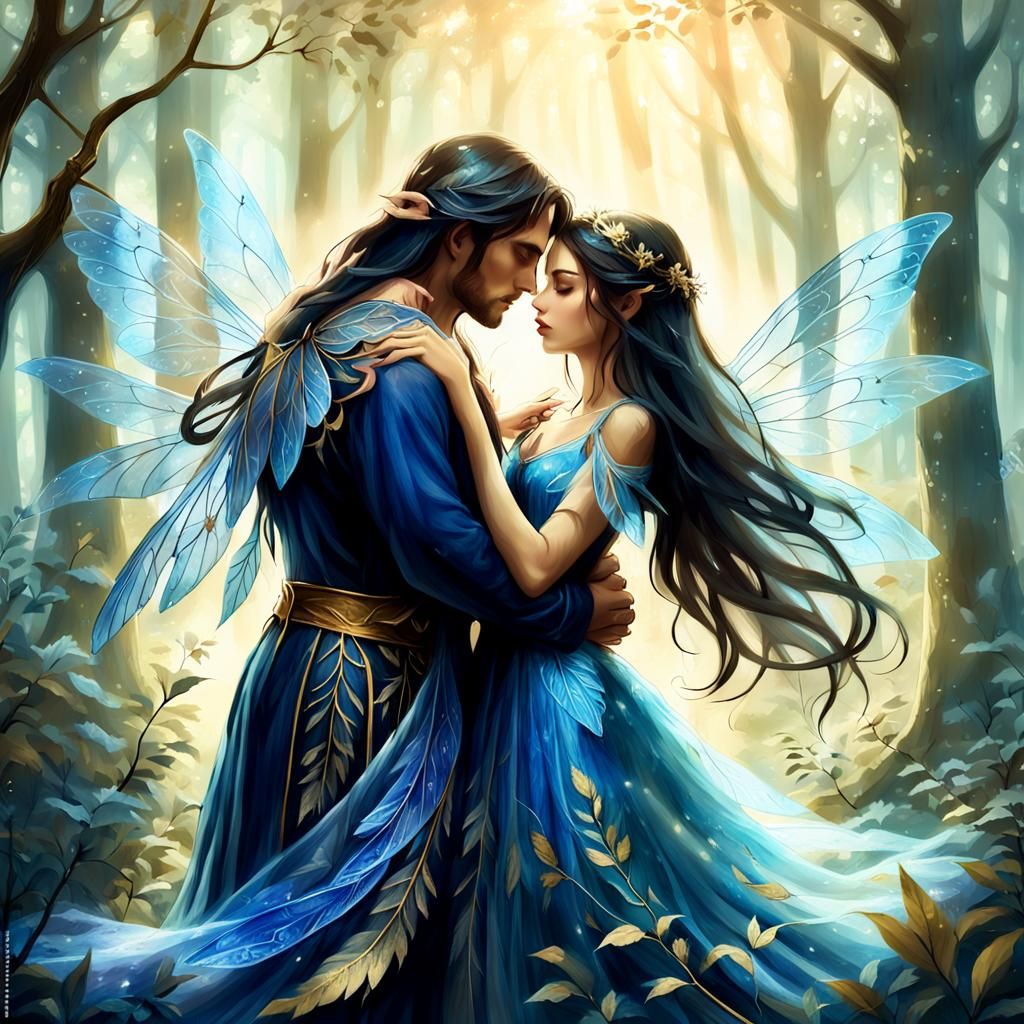 Fairy Embracing Man in Forest Glade: Fantasy Art