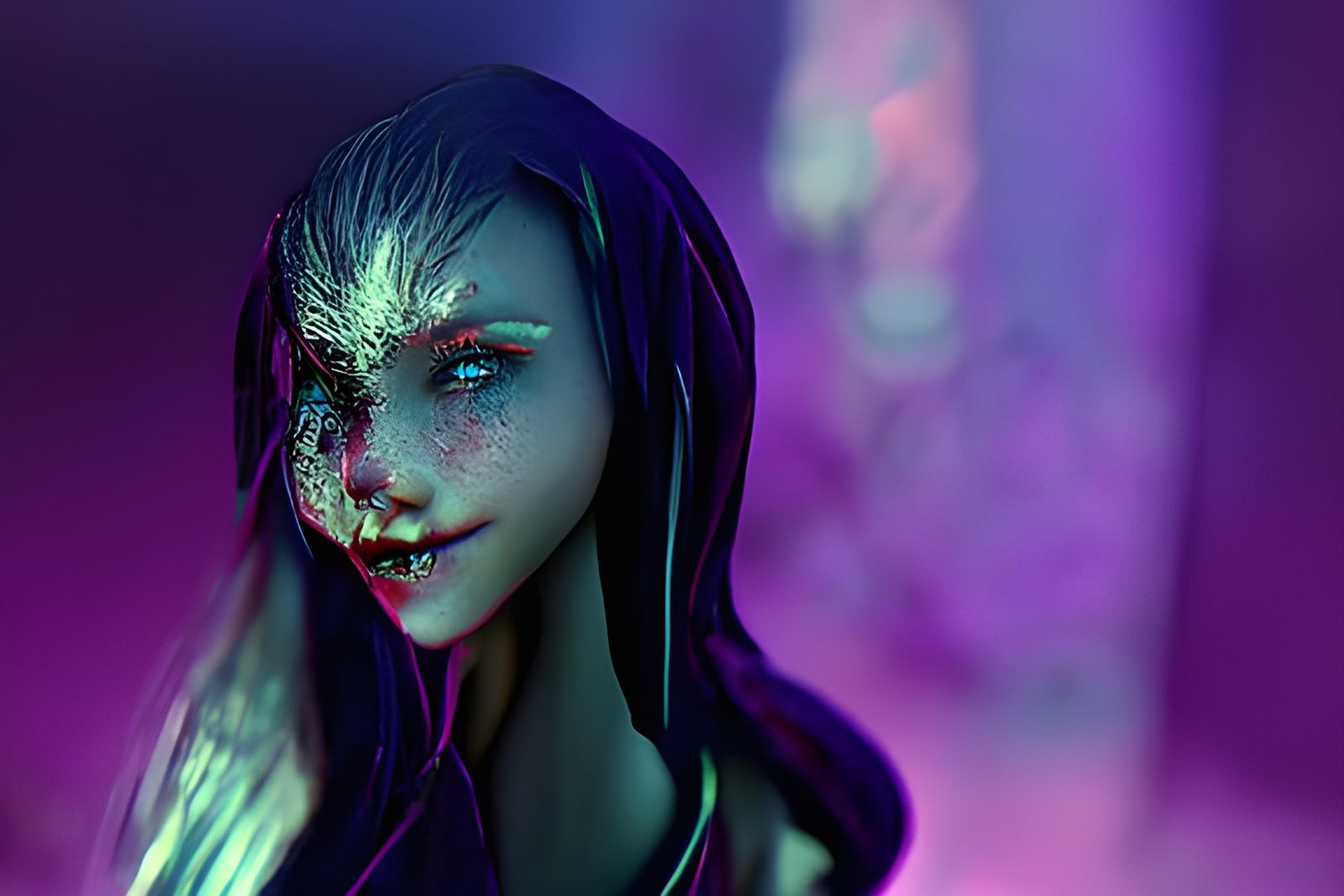 “Venomous elf” scary; purple vapor accents; intricate, ethereal; impish ...