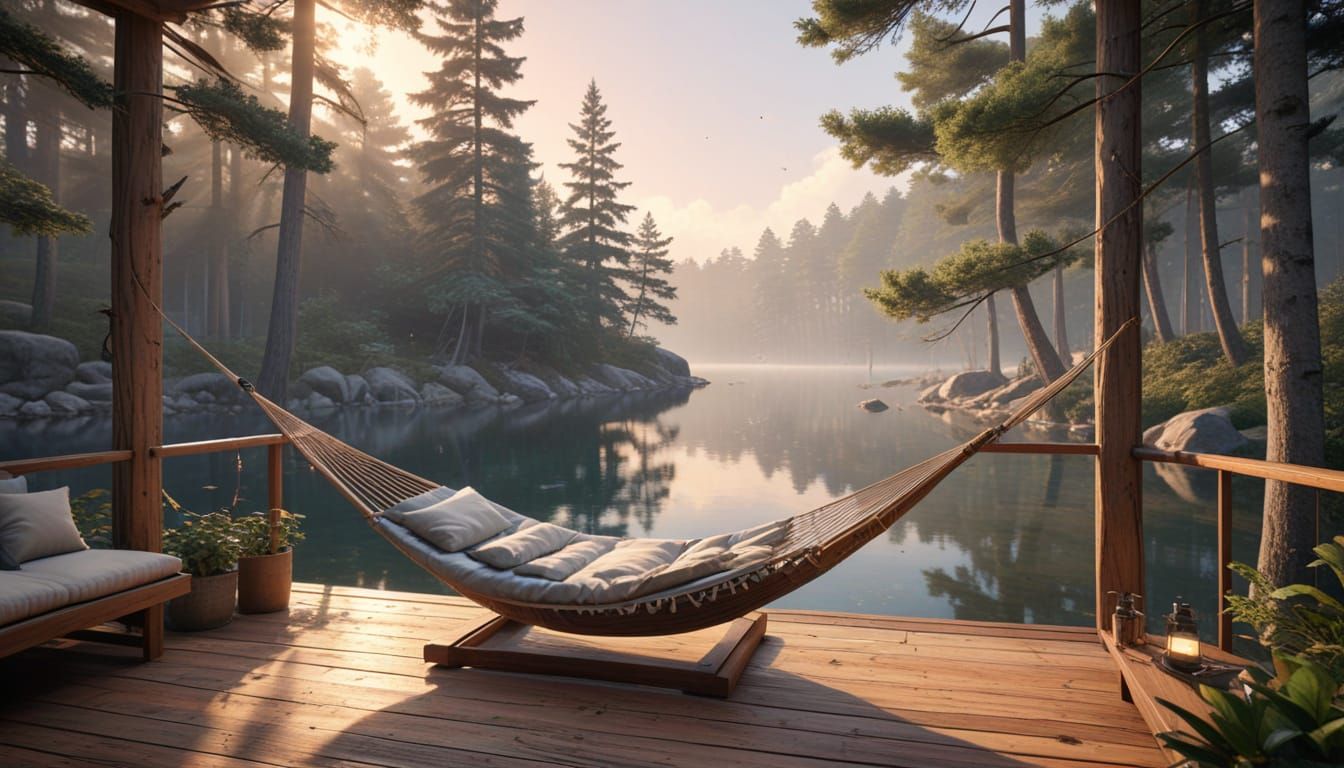 A serene dreamlike landscape that embodies ultimate relaxation. A cozy wooden deck overlooking a crystal-clear ...  by @AllAboutEveryone