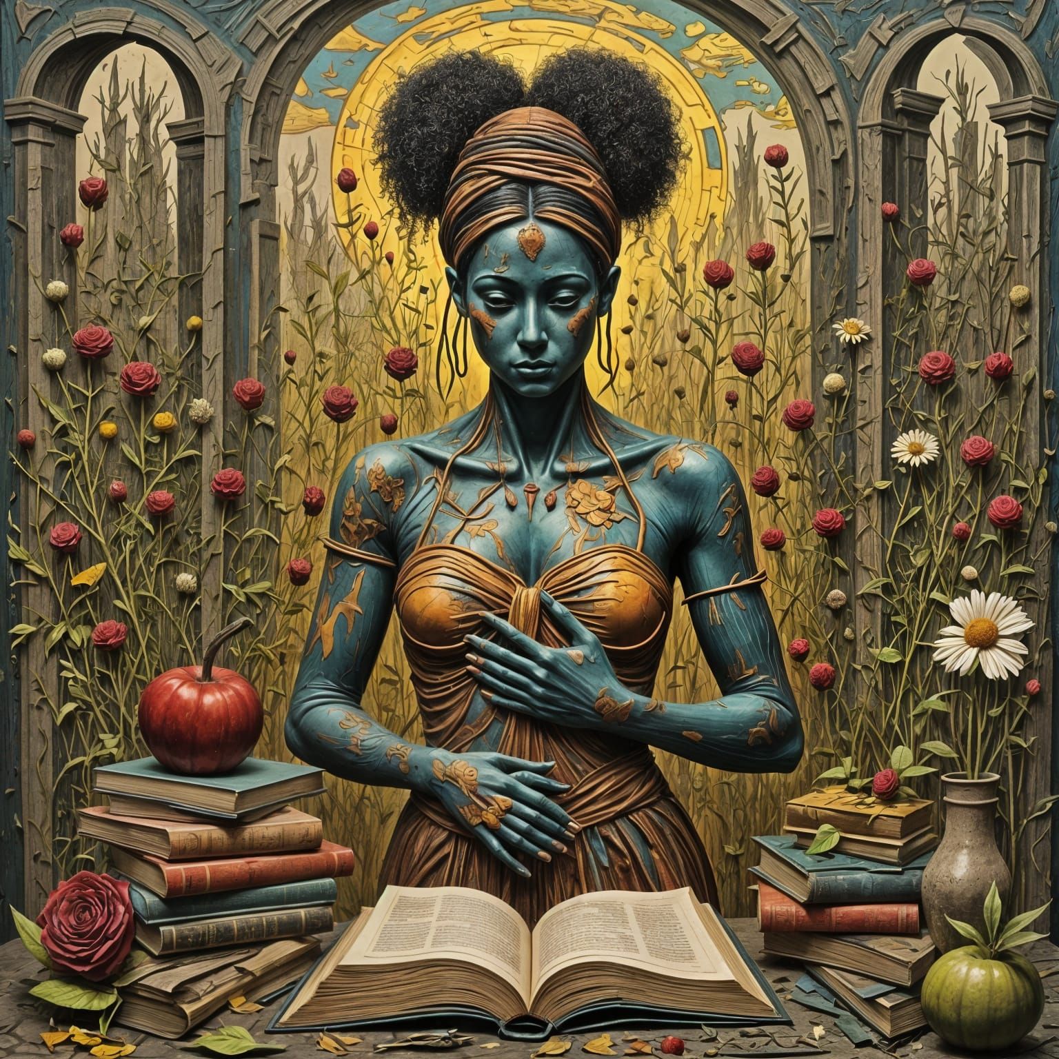 Multicultural Goddess Tends Book Garden in Textured Impasto ...