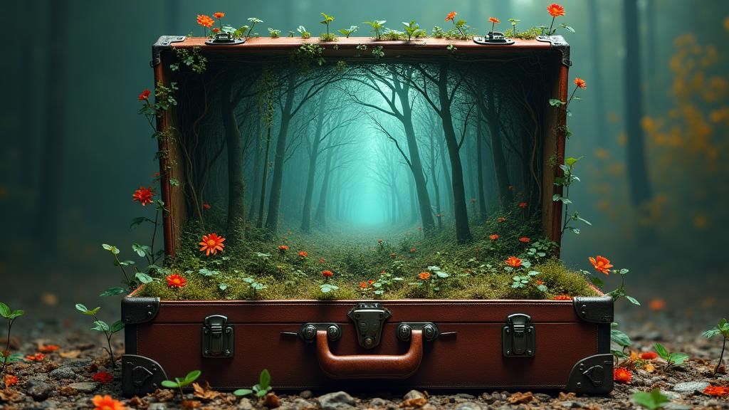 Enchanted Forest Overflowing from Leather Suitcase