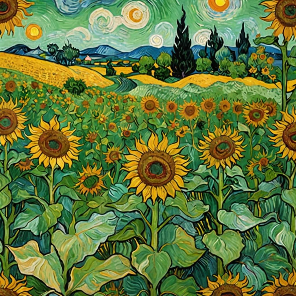 van gogh landscape with sunflowers painted only in different...