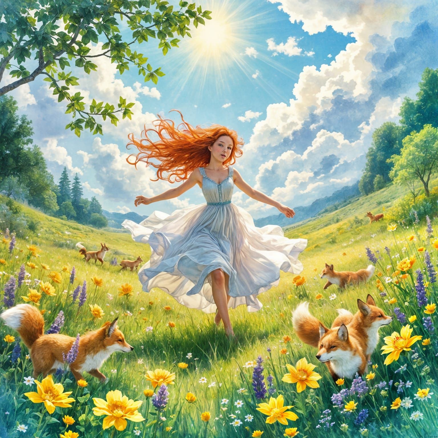 Beautiful red haired princess running through a sunlit meadow with foxes. Watercolor fairytale illustration ...  by @Petra Bone