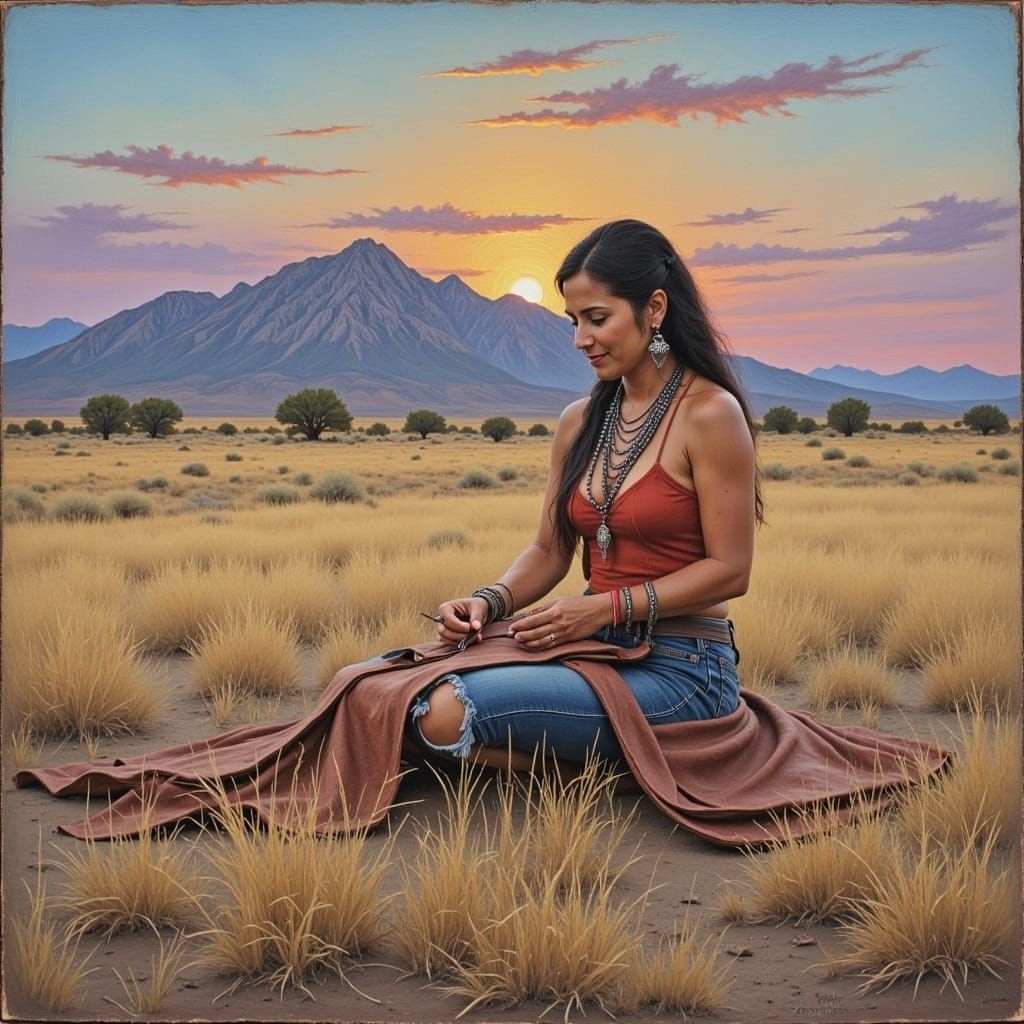 <lora:Chalk Oil Paintings2:1.0> Oil Chalk Painting impasto of a stunning Apache Girl preparing leather while surrounded by a beautiful moun...