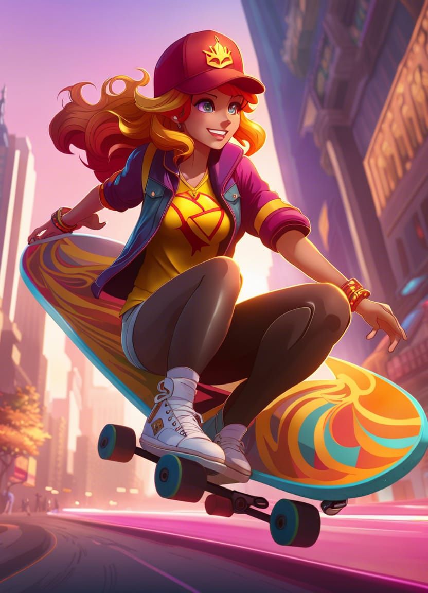 Sunset Shimmer riding a skateboard! 8k resolution concept ar...