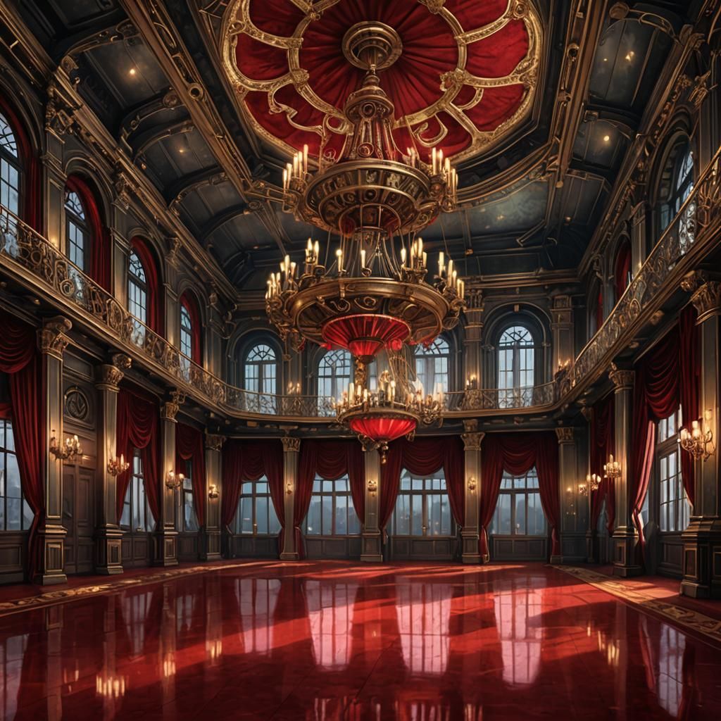 A grand Victorian ballroom with red velvet curtains.