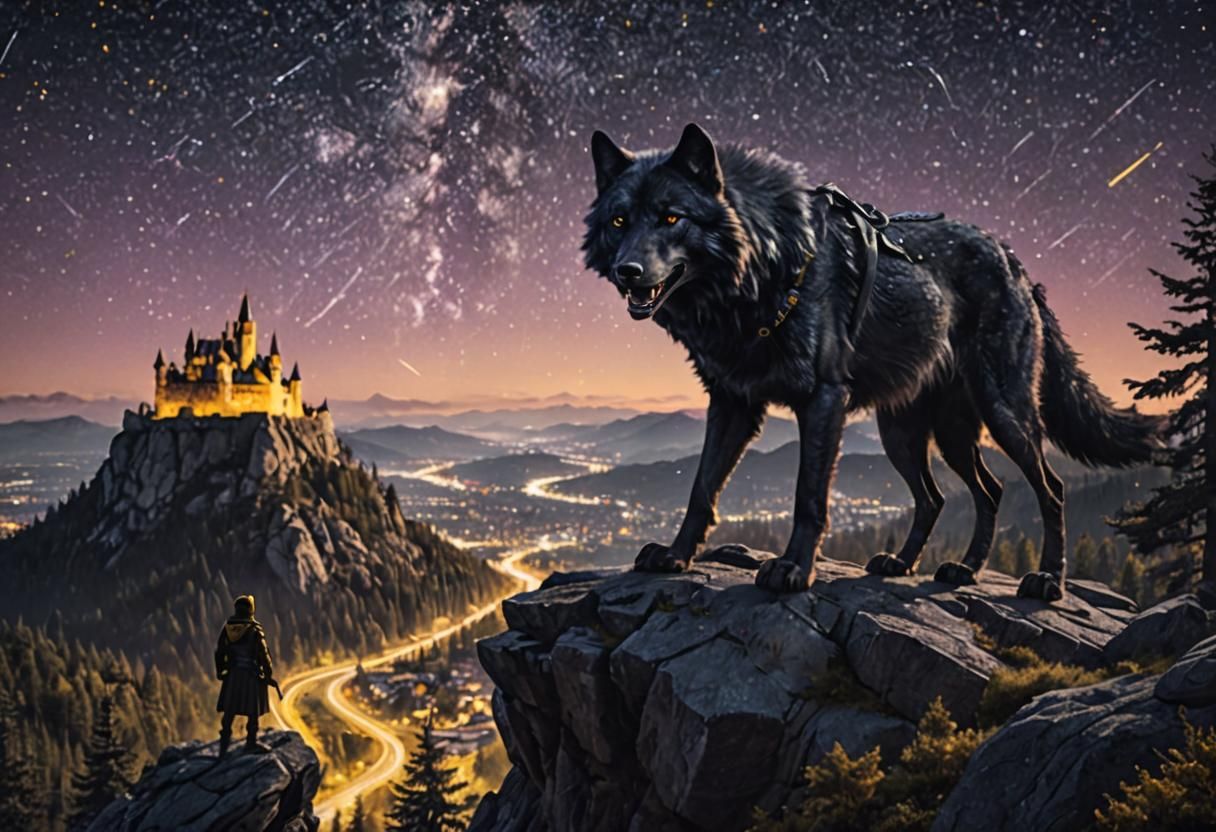 Giant black wolf with yellow eyes and hyperrealistic fur wit...