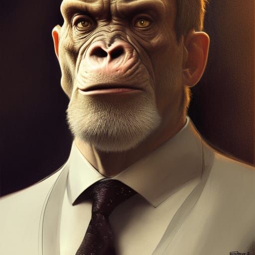 Ape in suit 5D,5D lighting,surreal fantasy art,detailed face