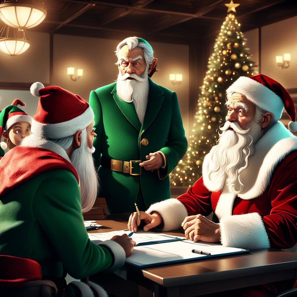 Santa's Emergency Elf Meeting in Surreal 3D Rendering