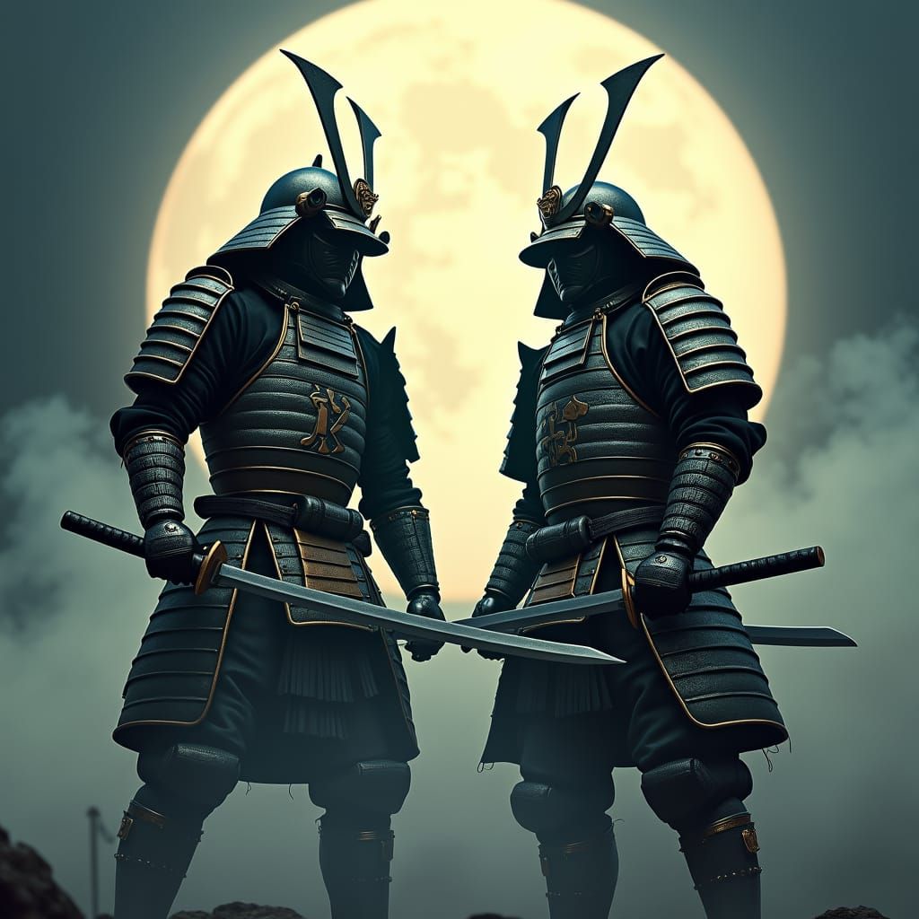 two Samurai in full battle armor, fighting stance