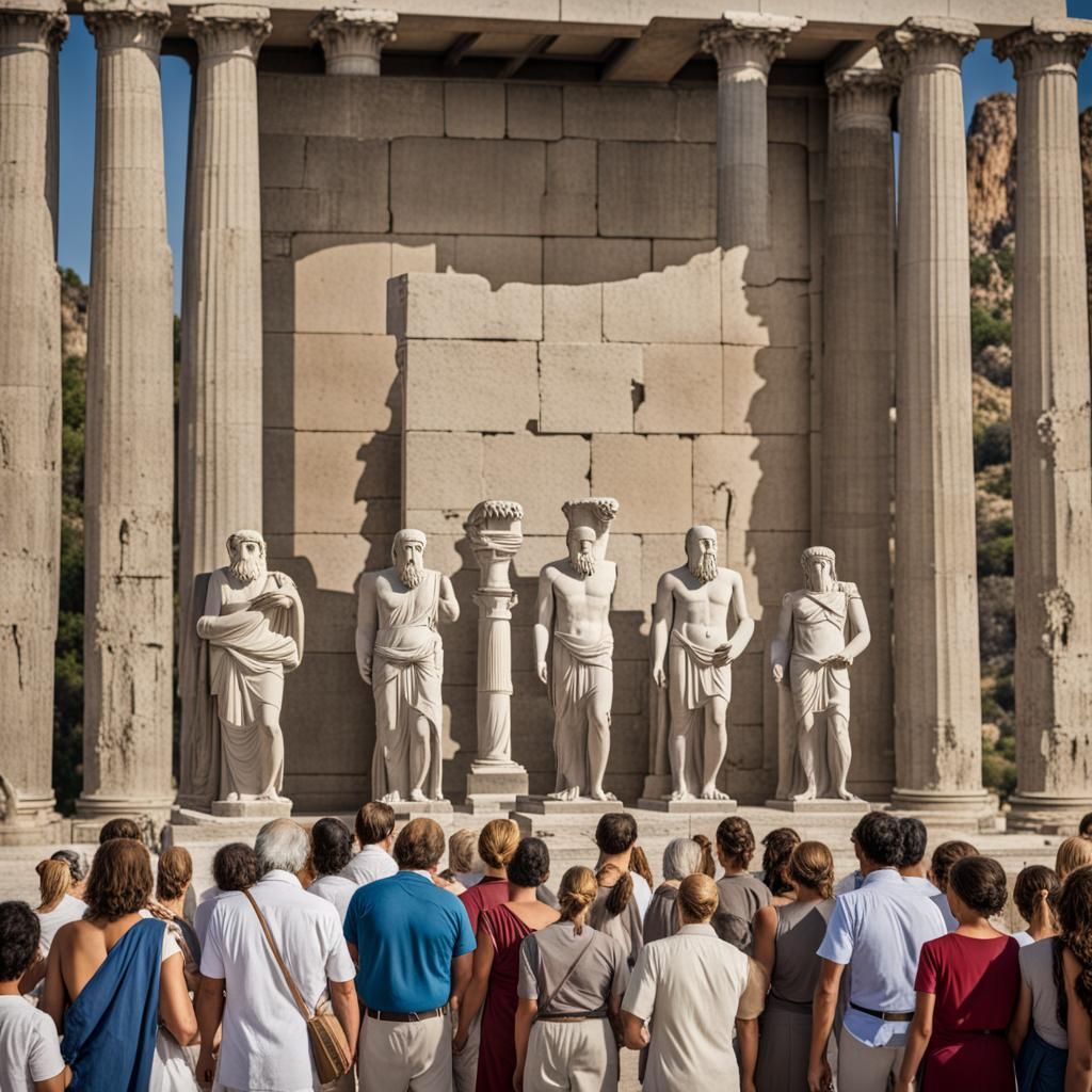 in temple, worshipers before a statue of Zeus