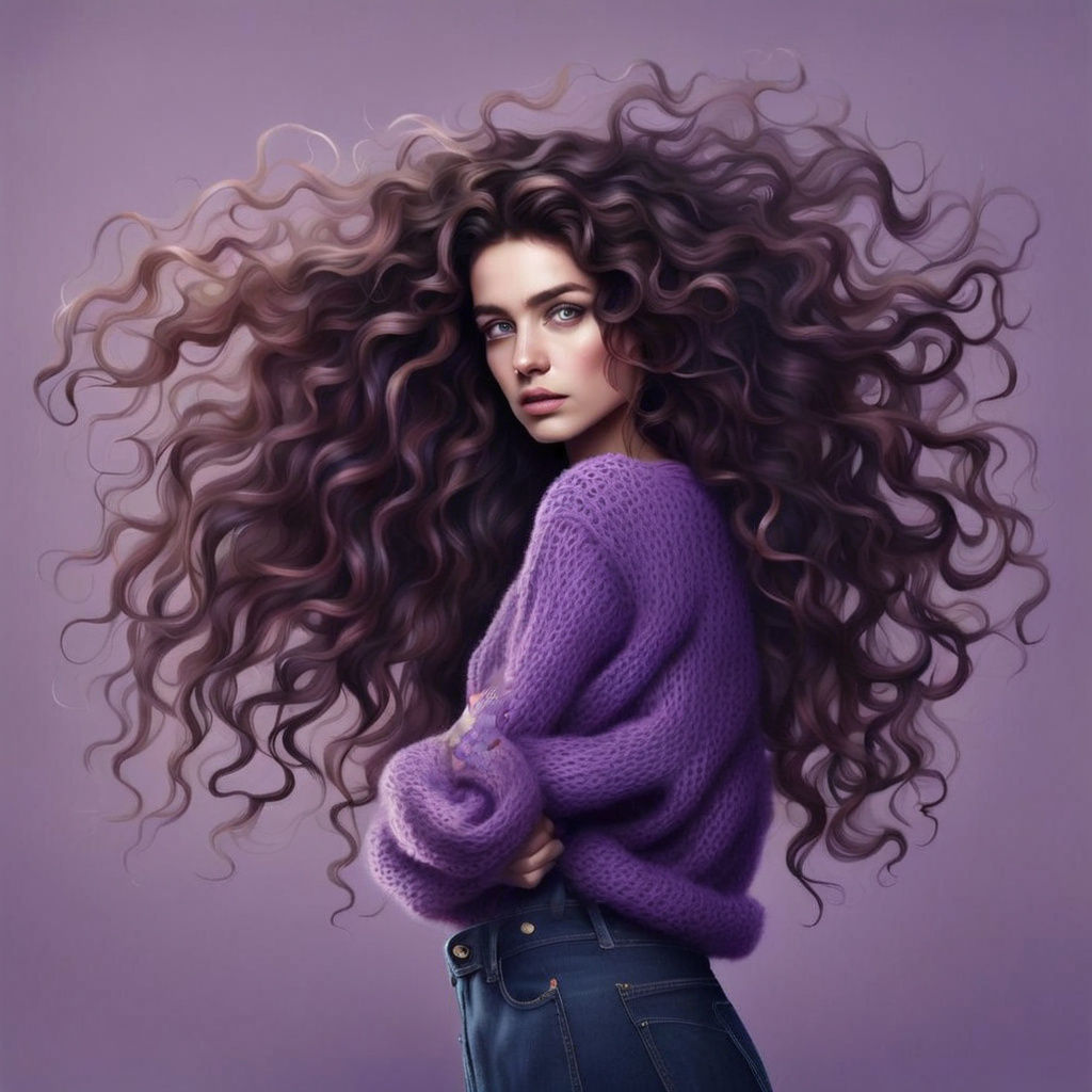 A beautiful woman with long, dark Beautiful curly and tousled girl with a purple sweater.