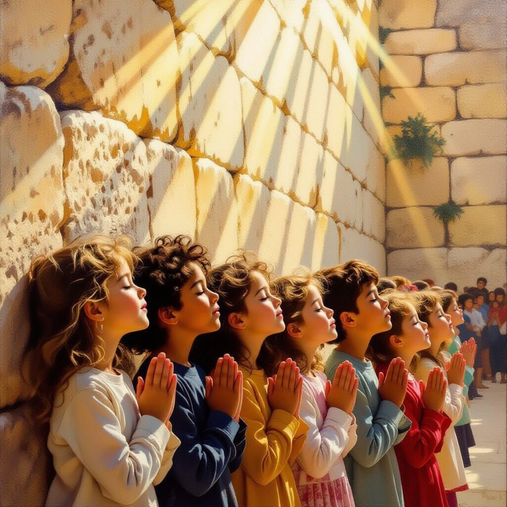 Children Praying at the Western Wall in Golden Light