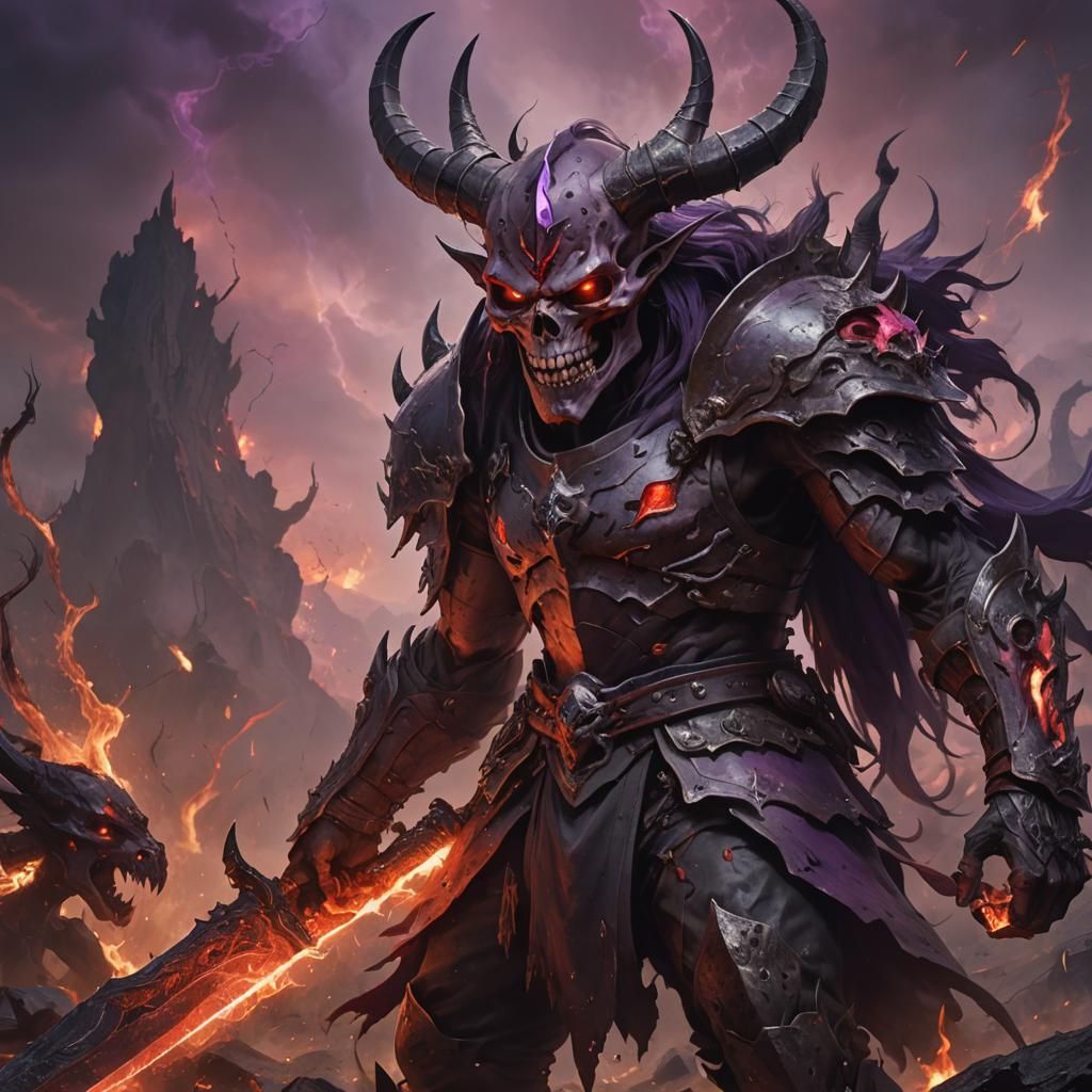A menacing figure, possibly a warrior or a demon, with a sku...