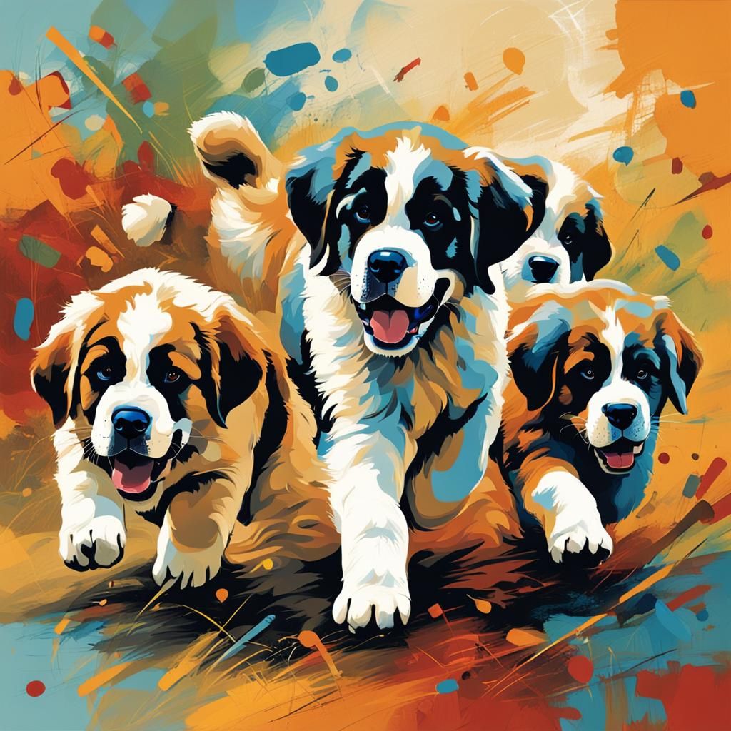 Children running and playing with St. Bernard puppies  by @Gramma_to_2