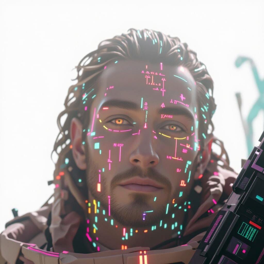 
"A hyper-realistic, futuristic portrait of a  men with glowing neon mathematical formulas, codes, and cryptic symbols projected across her ...