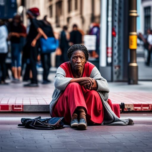 highly realistic photograph of a homeless woman sitting on a...