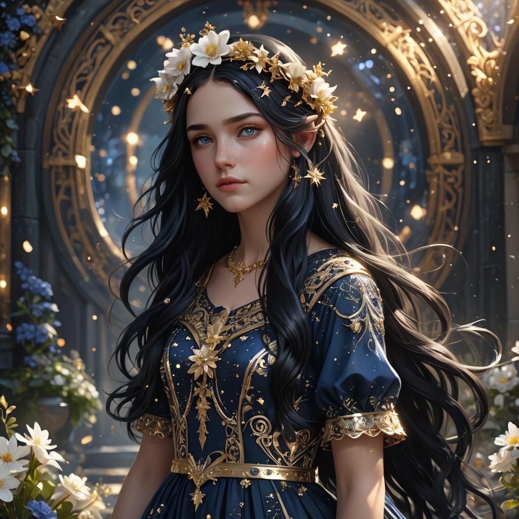 a teenage girl with long, wavy, black hair and blue eyes, wearing a  sparkling dark blue dress with gold stars and details, a white flower ci...  - AI Generated Artwork - NightCafe Creator