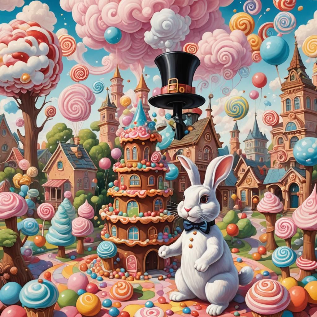 Rabbit Emerges in Candyland Gouache Illustration