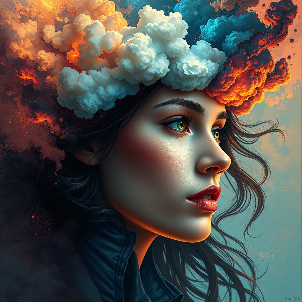 Surreal Cloud World Inside Woman's Head