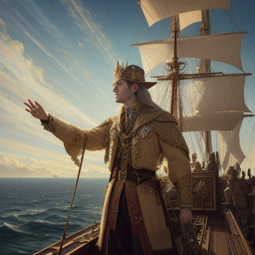 Magical flying sailing ship blazing across the sky with a royally dressed elf prince on the bow so he can speak to soldiers below,  hyperdet...