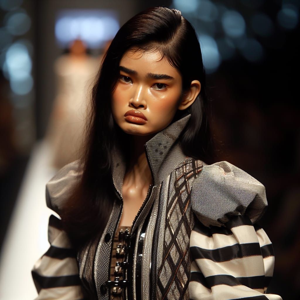 The image captures a model on the runway, showcasing her effort amidst an overwhelming design of lines and patterns. Let...