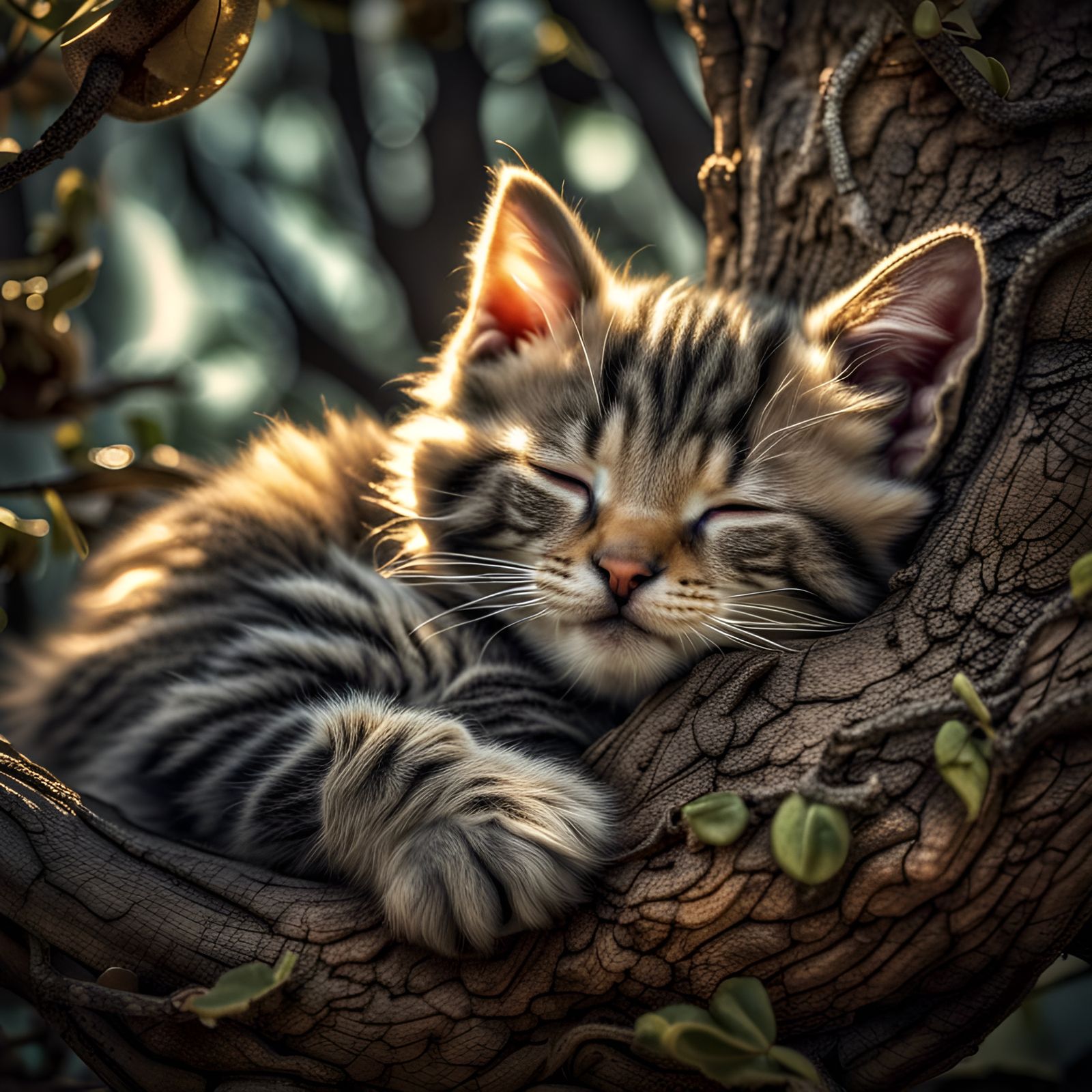 kitten sleeping in a tree intricate details, HDR, beautifully shot, hyperrealistic, sharp focus, 64 megapixels, ...  by @Patsy 