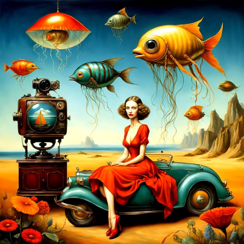 Surrealistic Lady in Vibrant Landscape