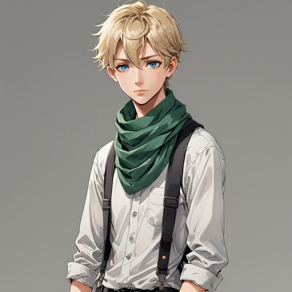 A teenage boy with short, messy blonde hair and blue eyes. H...