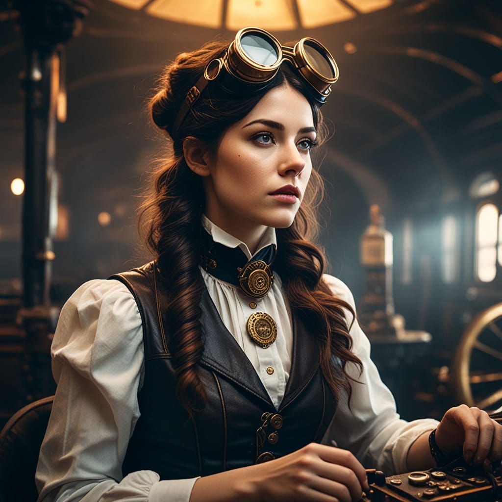 A beautiful brunette woman in a gothic, steampunk setting. She is tall and stately, with her hair done up in a classic Victorian fashion and...