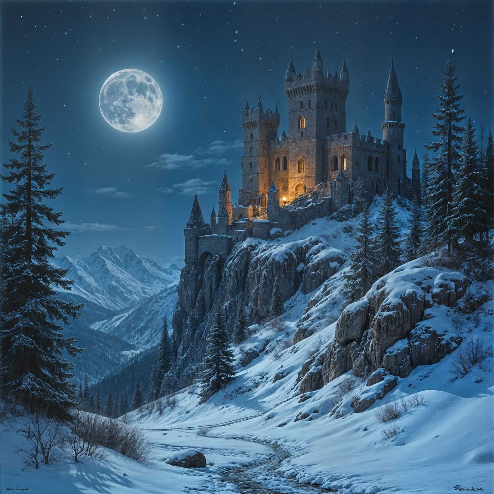 The famed and feared ruined castle, set on a rocky and snow hillside, epic painting, night scene, brilliant ...  by @SirEdmund