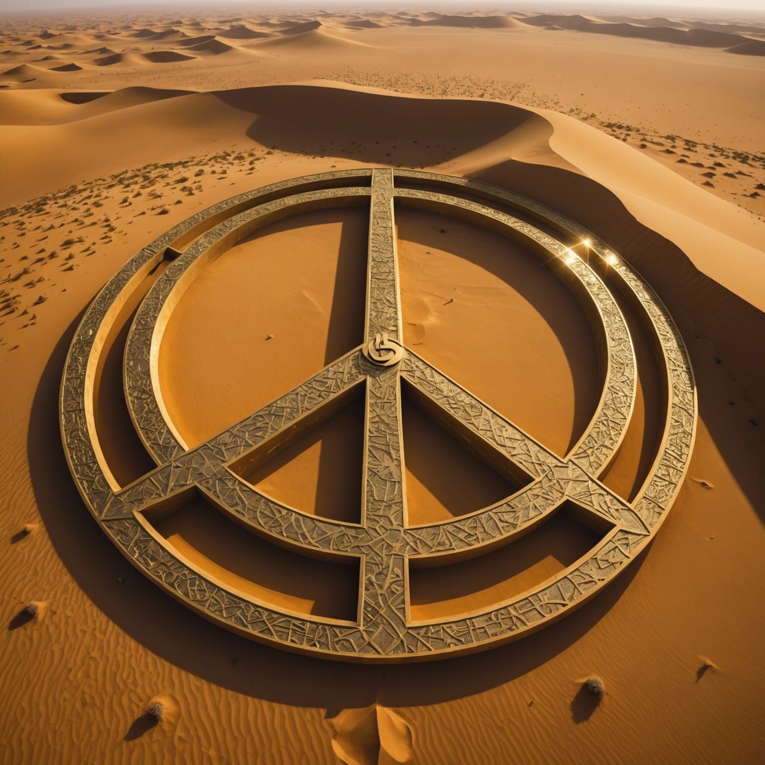 A giant stylized peace symbol that was uncovered in the dese...