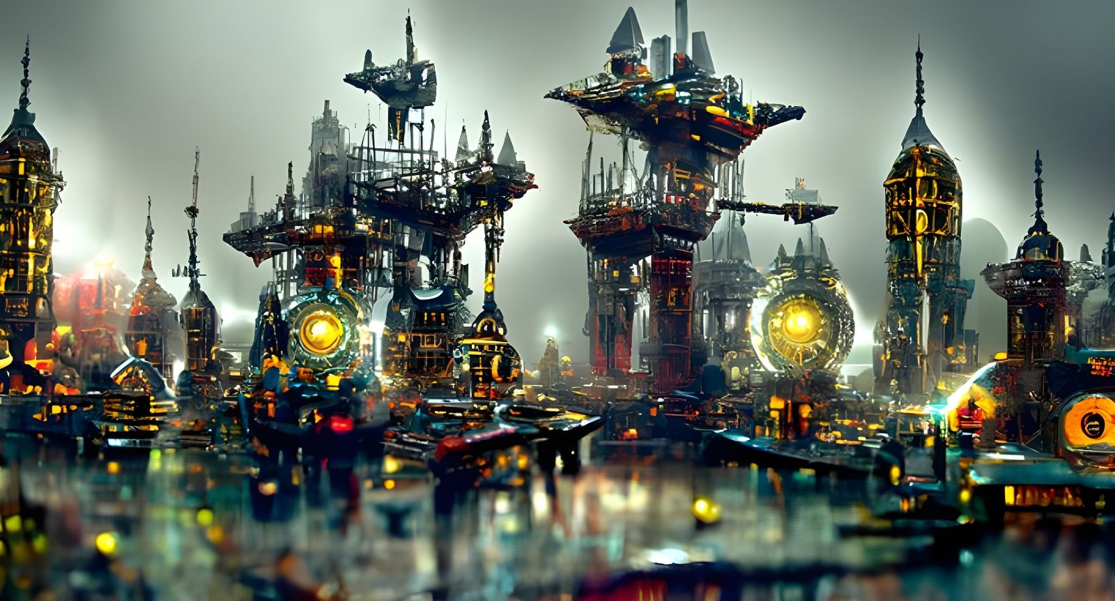 geometric steampunk futuristic city