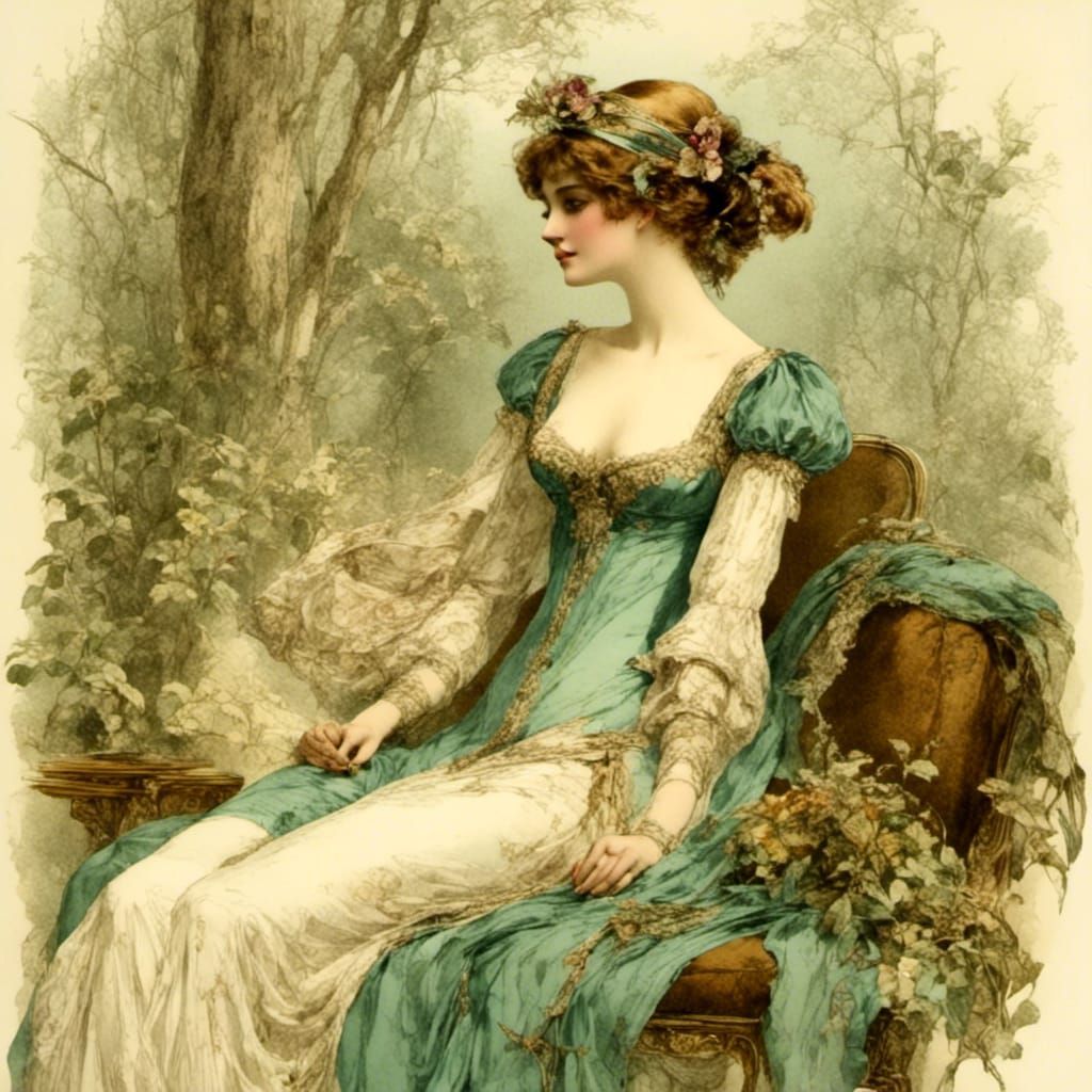 Romance in the air love in a summer garden beautiful woman and her swain regency costume <lora:regency dresses:1.0> <lora:DRAGON KEEPER:1.0>...