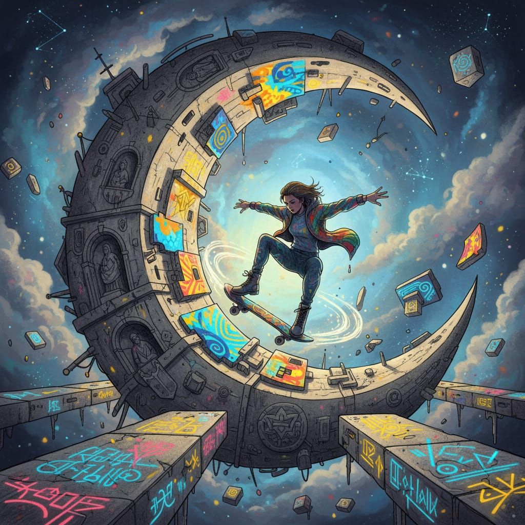 Skateboarder Rides Crescent Moon in Hypermodern Concept Art