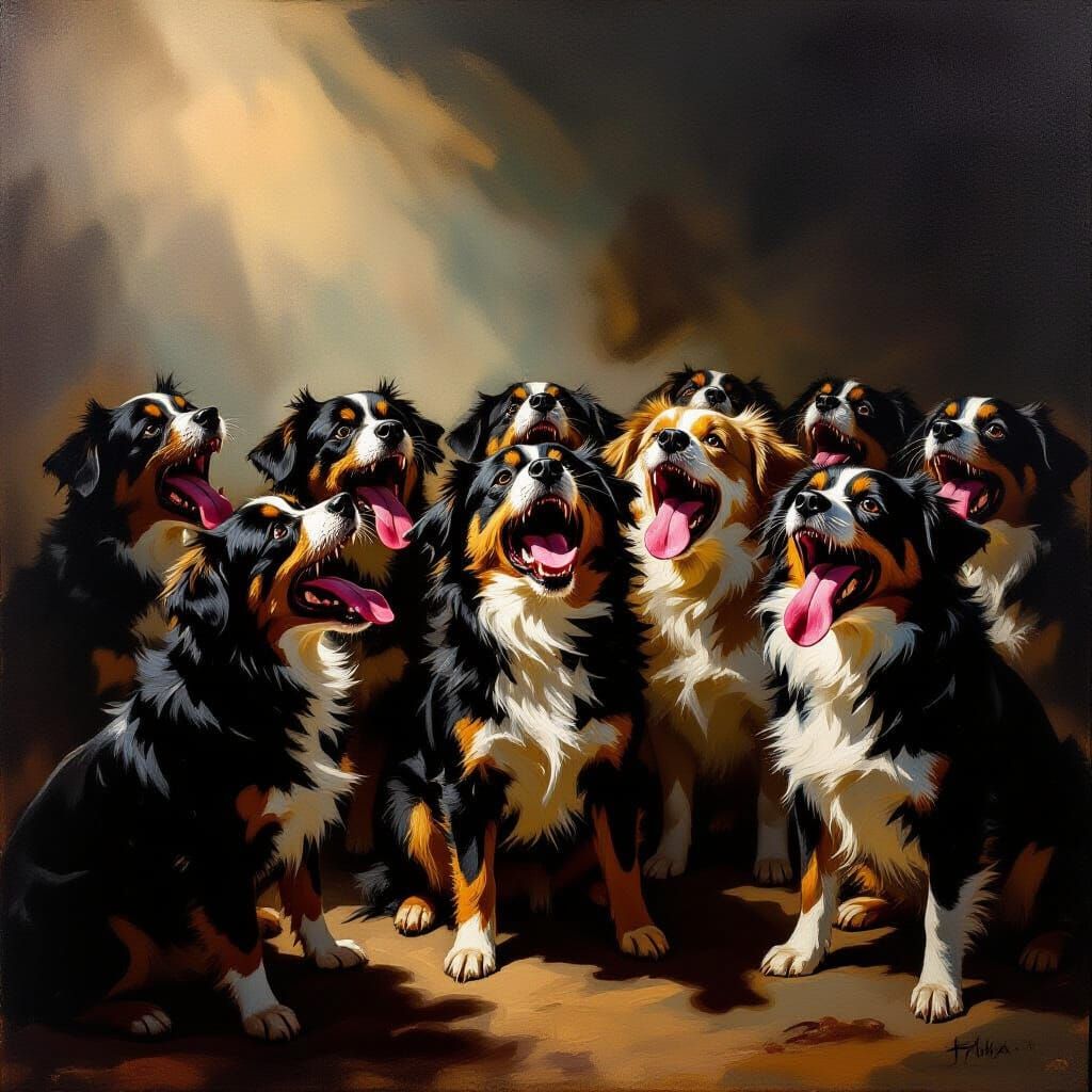 Terrified Dogs Barking in Anguish Oil Painting