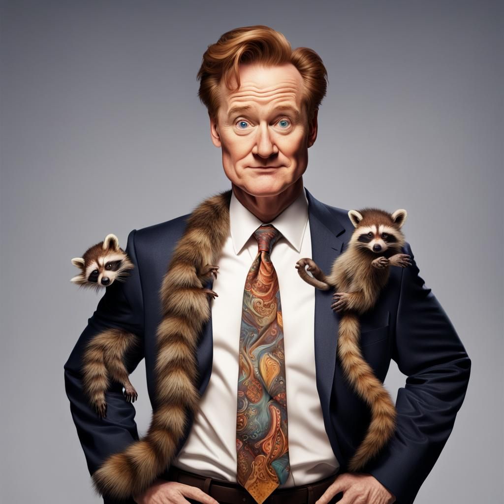 Conan O’Brien as a half raccoon half human , has a tail, has...