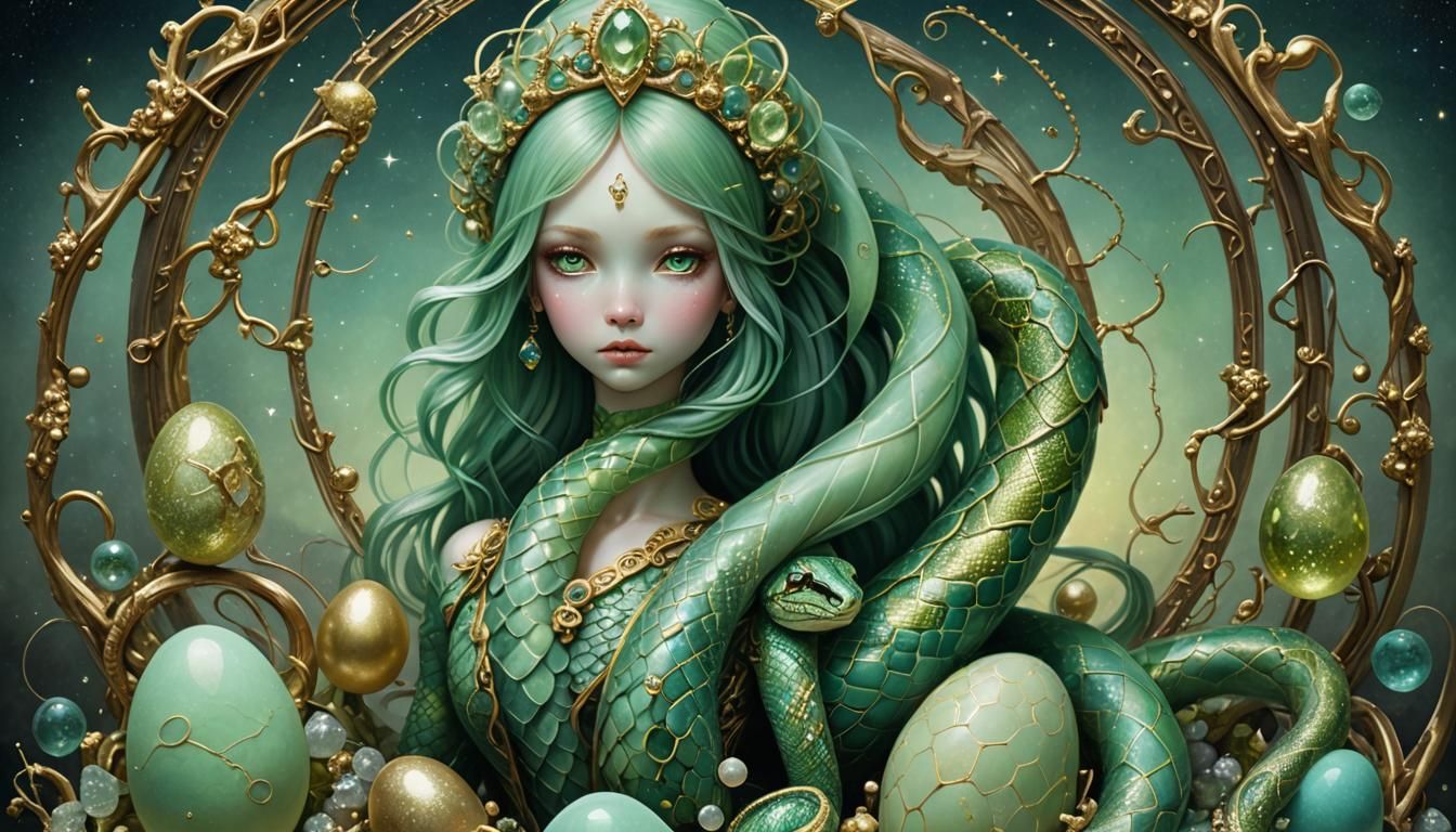 egg, cracked, galaxies, universes,snake girl