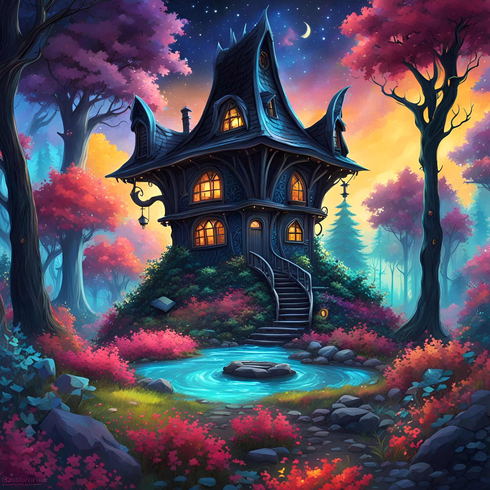 dark faerie cottage in a fantasy forest - AI Generated Artwork ...