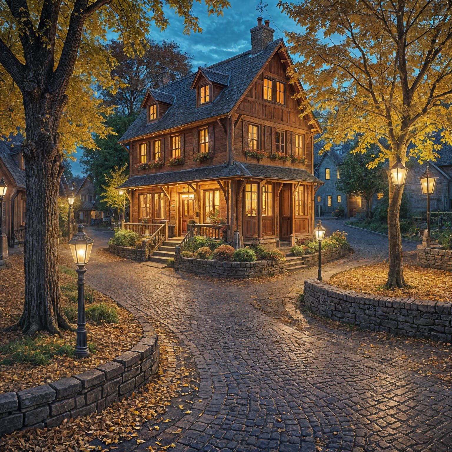 Enchanting Autumn Village Scene at Night
