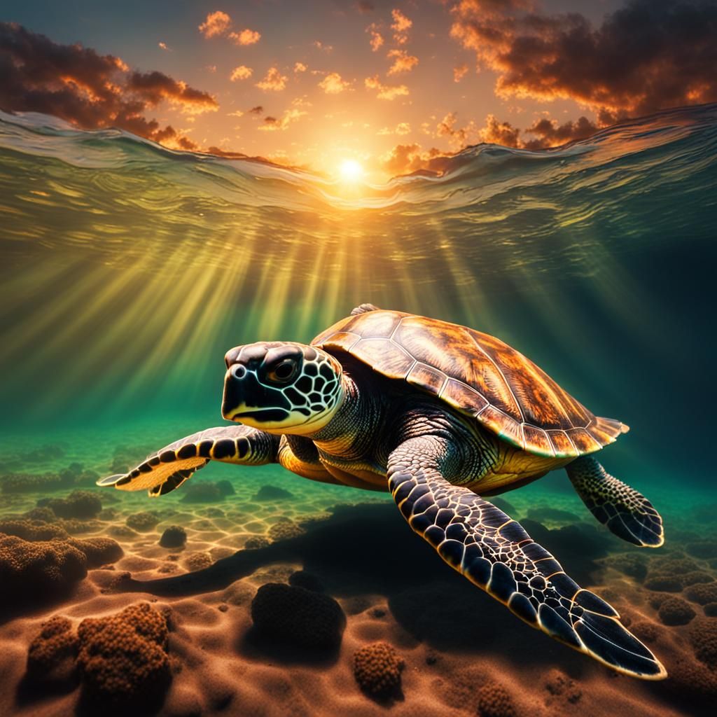 Turtle swimming in a sunset background  by @Jos11