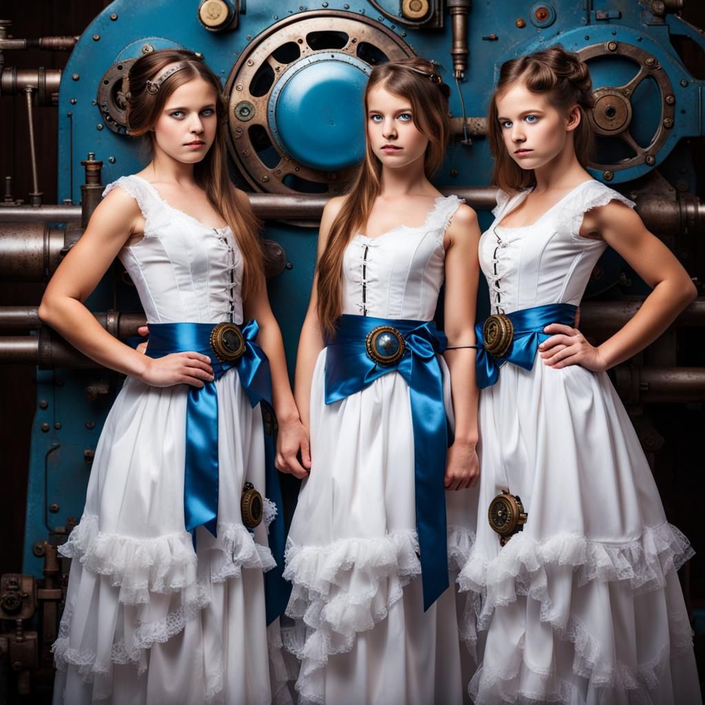 Girl in white dresses shop with blue satin sashes