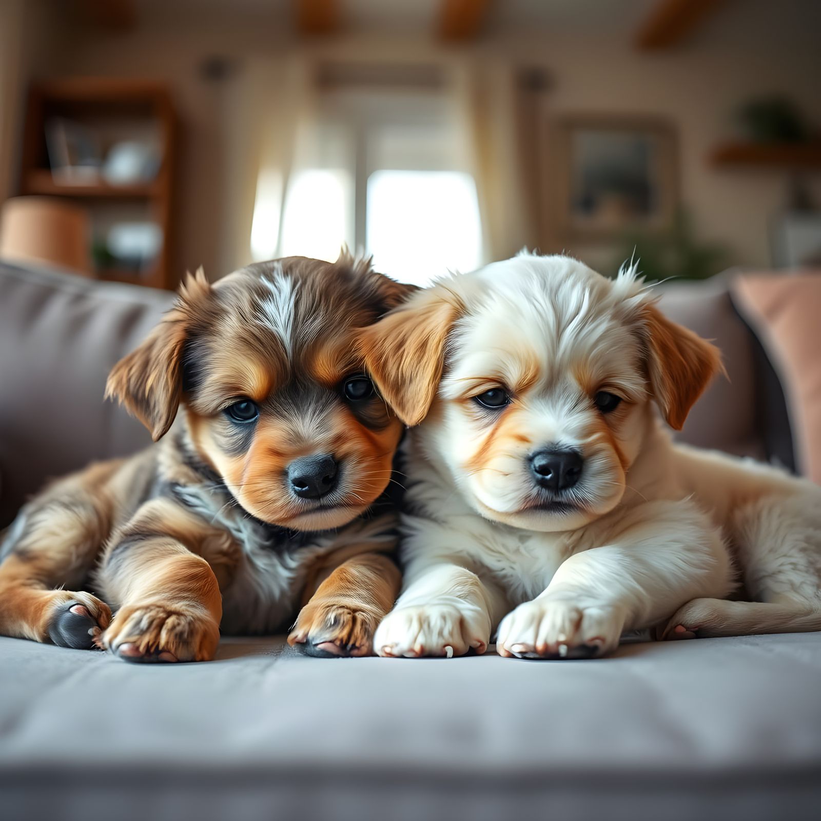 Ultra photorealistic close-up of two adorable puppies snuggling together on a couch in a warm, cozy living ...  by @BMoore Ignite Studio