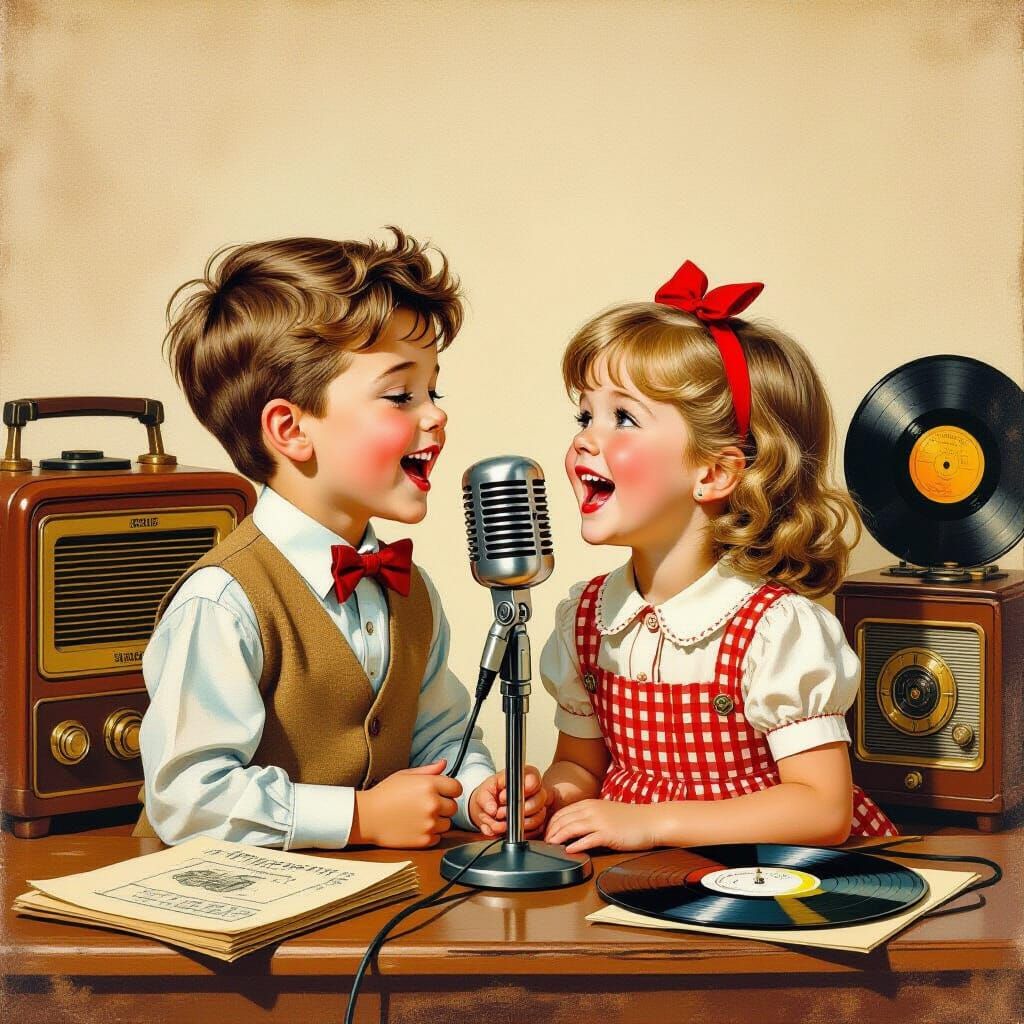 Children Sing with Vintage Microphone, Rockwell Style