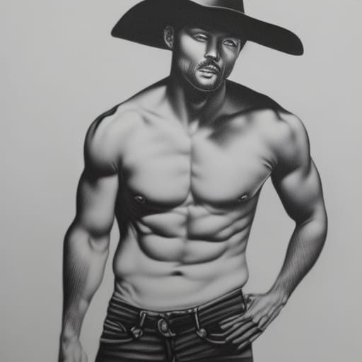 Hot guy without shirt wearing cowboy hat and jeans